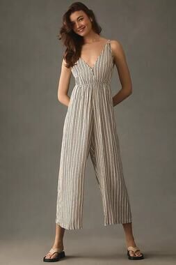 Lusana Anthropologie Rennie Jumpsuit Womens M/US 6 White Tan Striped Wide Leg